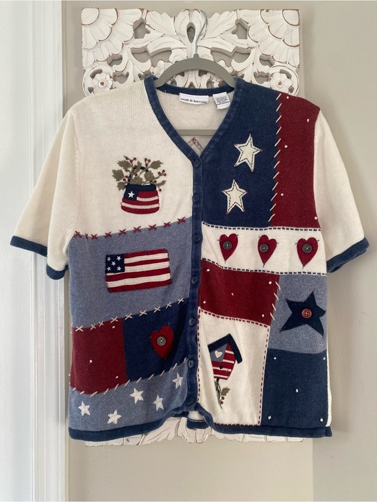 Sweaters - Vintage 90s Y2K Croft & Barrow Americana Patchwork Cardigan Vest Top L Patriotic